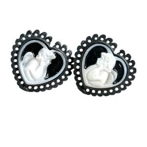 Black and White Heart Cameo Stud Earrings - Angel Cameo Design